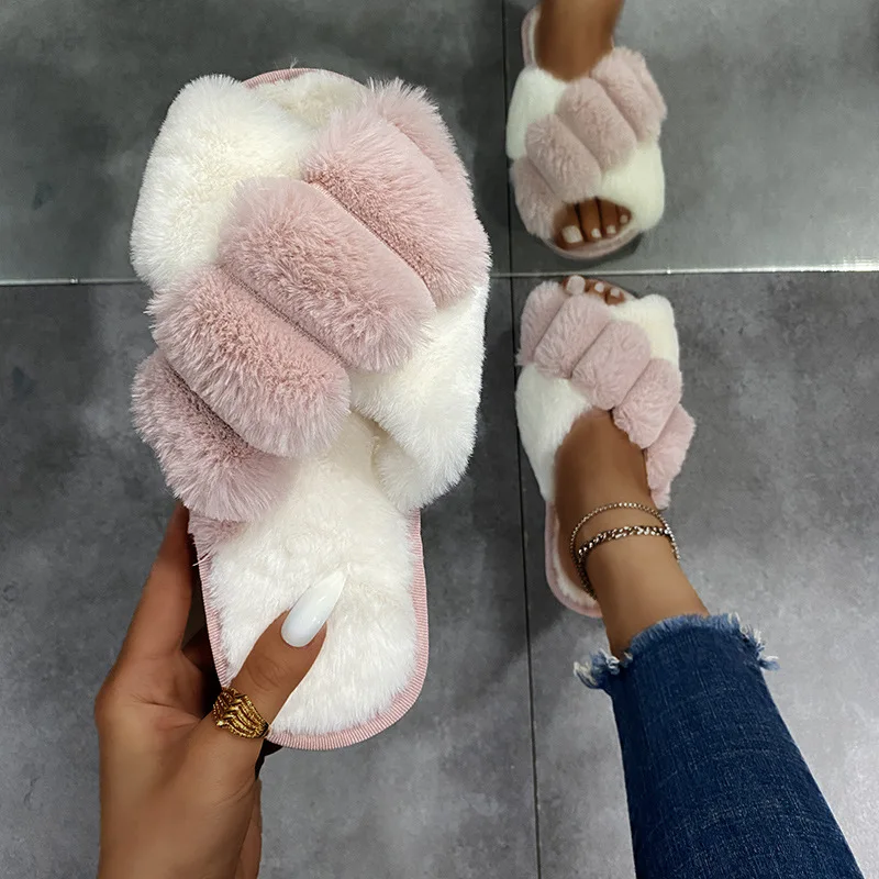 

Fur Shoes Woman's Slippers Multicolored Sandals Low Slides Flock Plush 2021 Massage Flat Mixed Colors with fur Basic Rome TPR