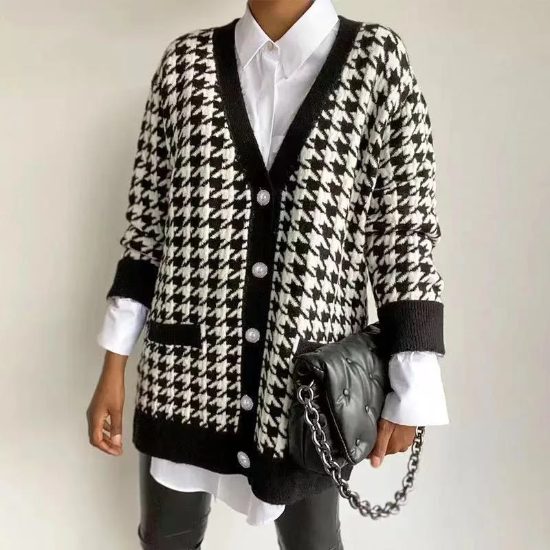 

Autumn Winter Women Houndstooth V-neck Jacket New Sweater Loose Cardigan Women's Button Casual Long Sleeve Coat кардиган женский