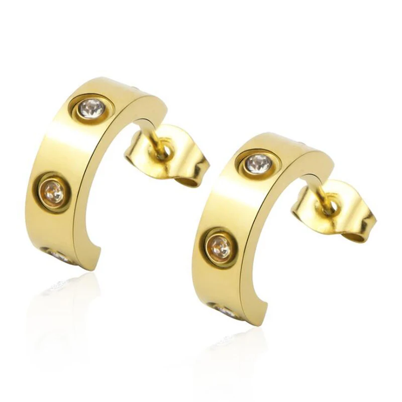 

Новинка 2021, модные новые серьги из нержавеющей стали C-образной формы с четырьмя кристаллами, серьги унисекс, подарок на любовь, оптовая прод...