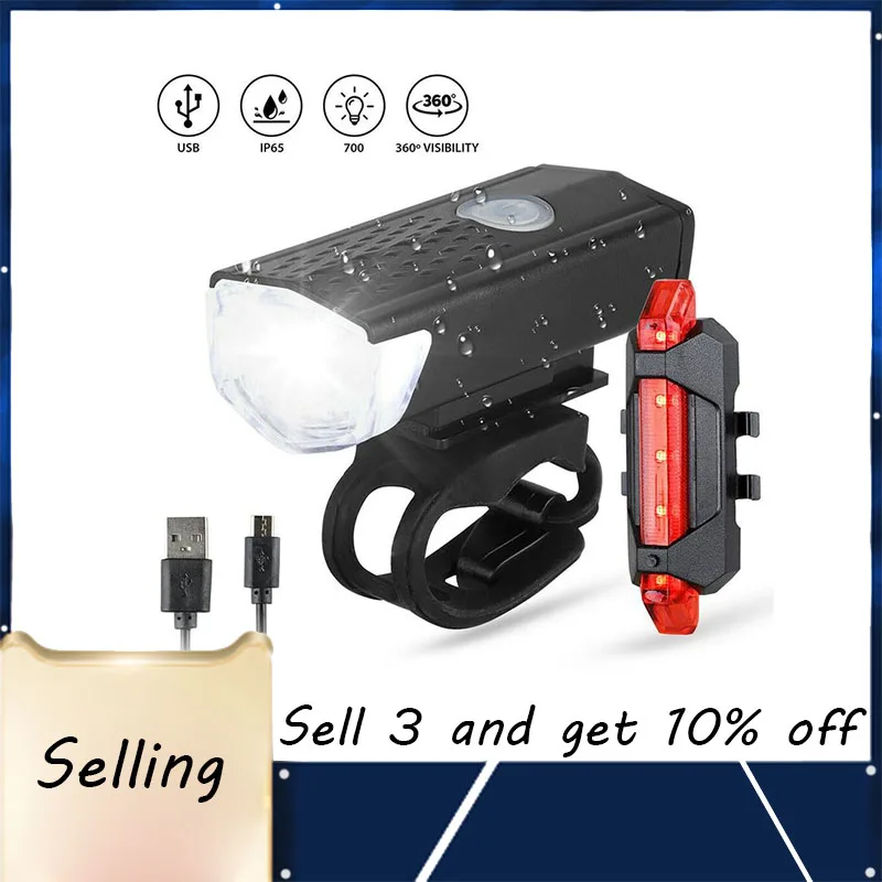 

Bike Bicycle Light USB LED Rechargeable Set Mountain Cycle Front Back Headlight Lamp Flashlight 2021 Dropship