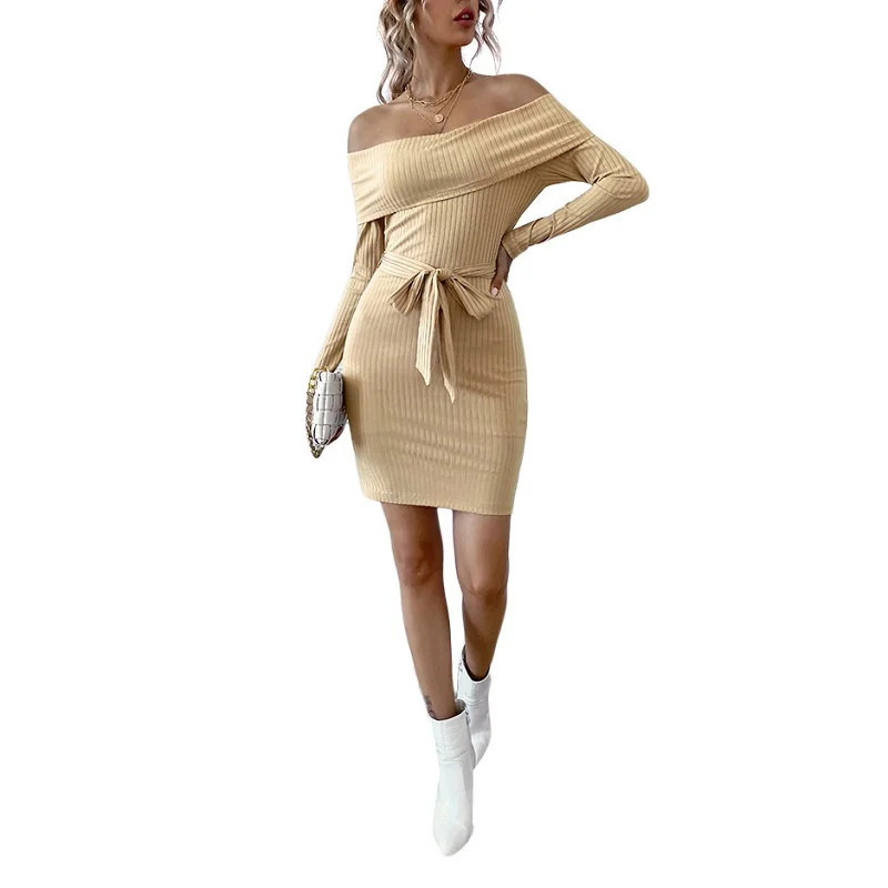

Long Sleeve Dress 2021 Summer Clothes for Women One Word Collar Waist Tie Buttocks Solid Elegant Vintage Mid Skirt LYQ202104014