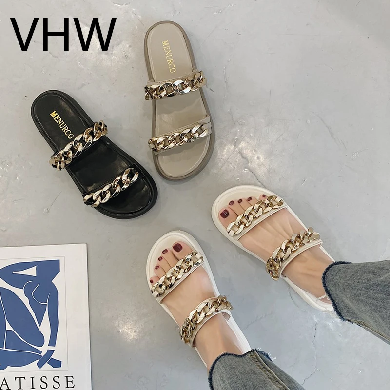 

Women Slippers 2021 Summer Metal Chain Shoes Outdoor Open Toe Fashion Sandals Narrow Band Design Summer Women Platform Slippers