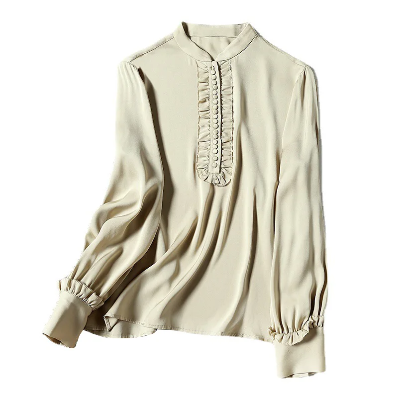 

Summer solid-colored women's shirt long-sleeved sleeved stitching temperament commute skin striped collar silk silk silk sweater