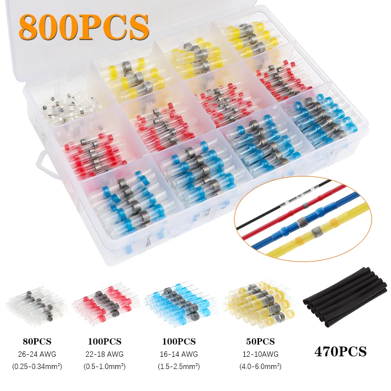 

300/600/800pcs Solder Seal Wire Connectors Kit Heat Shrink Butt Connectors Waterproof Insulated Electrical Wire Terminals