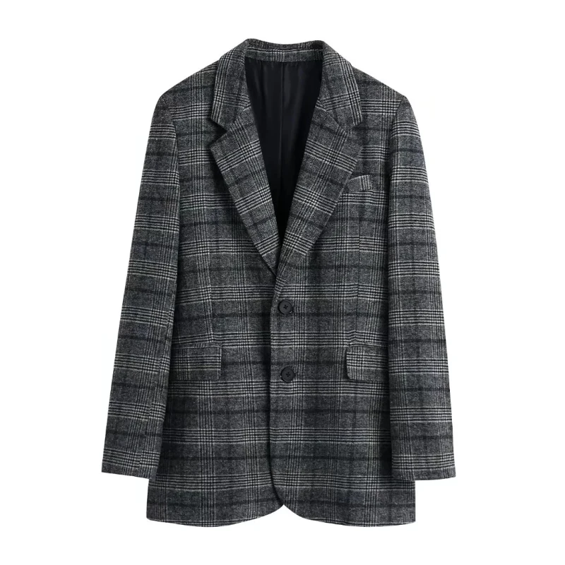 

SLMD Vintage Elegant Gray Patchwork Plaid Woolen Blazers Women Fashion Pockets Buttons Notched Blazer Coats