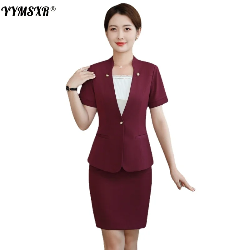 Hotel Front Desk Professional Women's Short-sleeved Suit Skirt 2 Two-piece Office Short-sleeved Jacket + High Waist Skirt