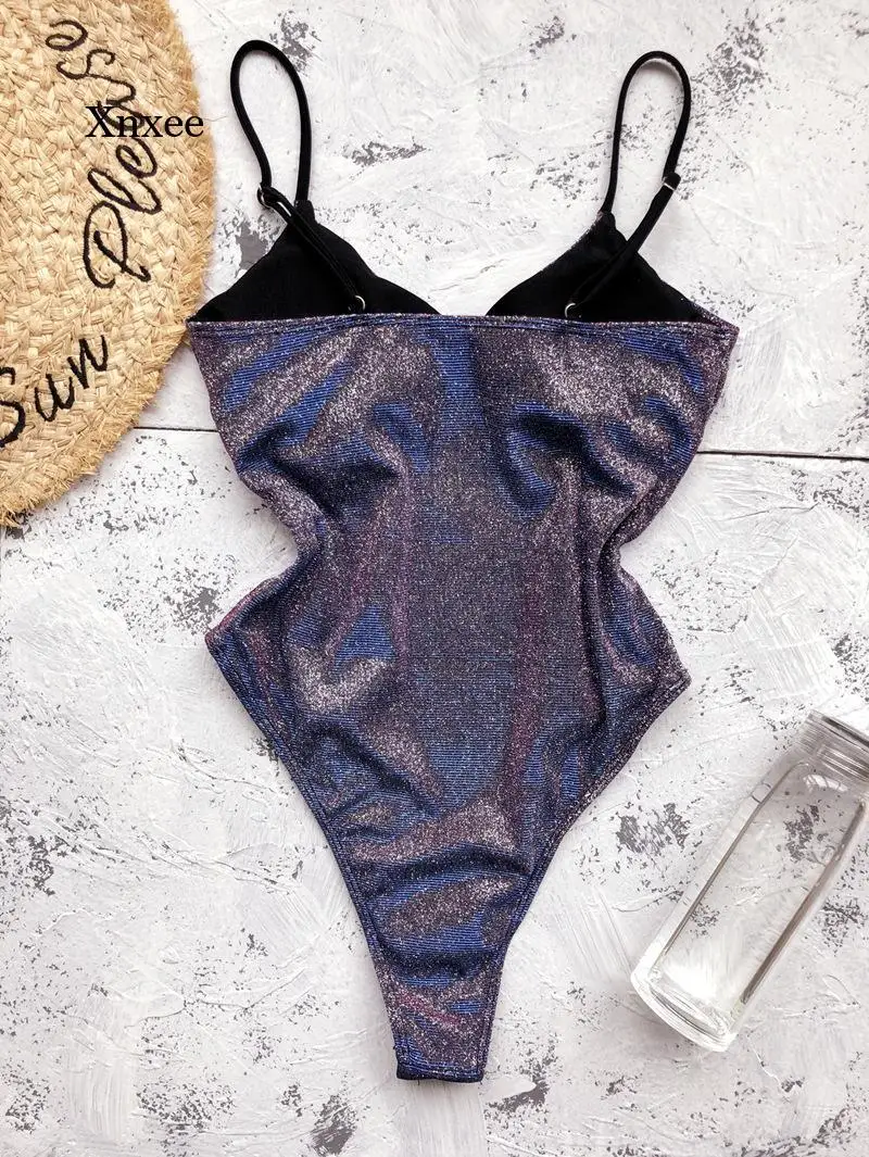 

2021 Shiny Starry Sky Tank Suit Beach One Piece Swimsuit Women Sexy V Neck High Cut Female Monokini Bodysuit Bathing Costume