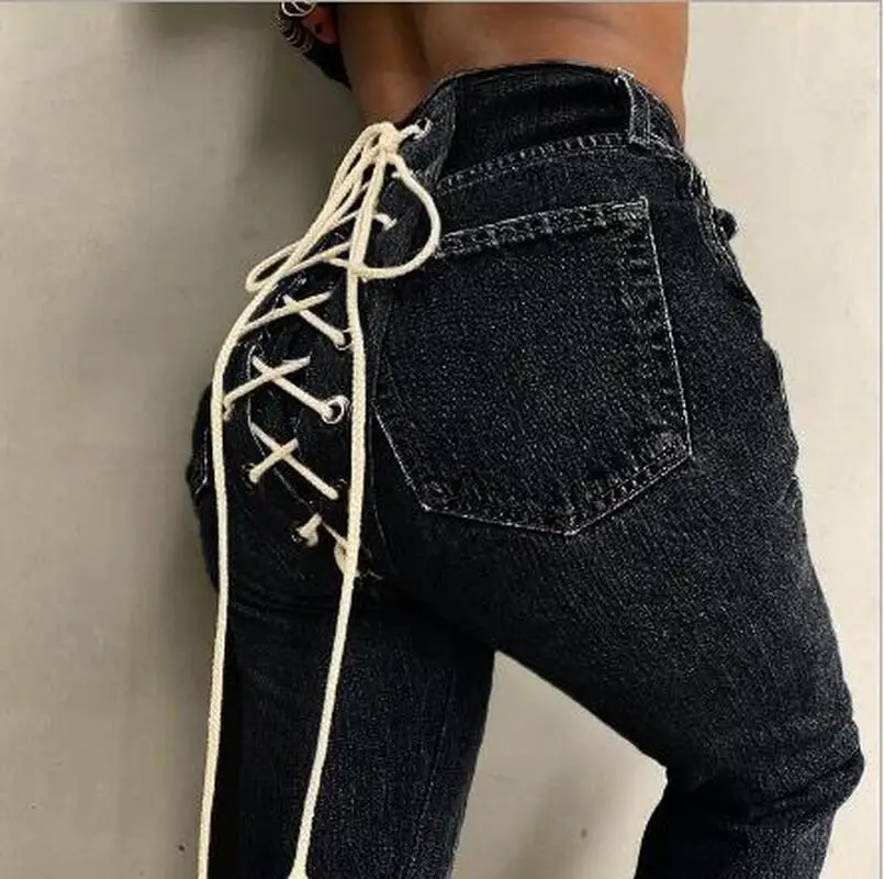 

Fashion New Hip-hop 2021 Autumn and Winter Denim Female Slim Fit All-match Creative Sexy Strappy Jeans Vintage Streetwear
