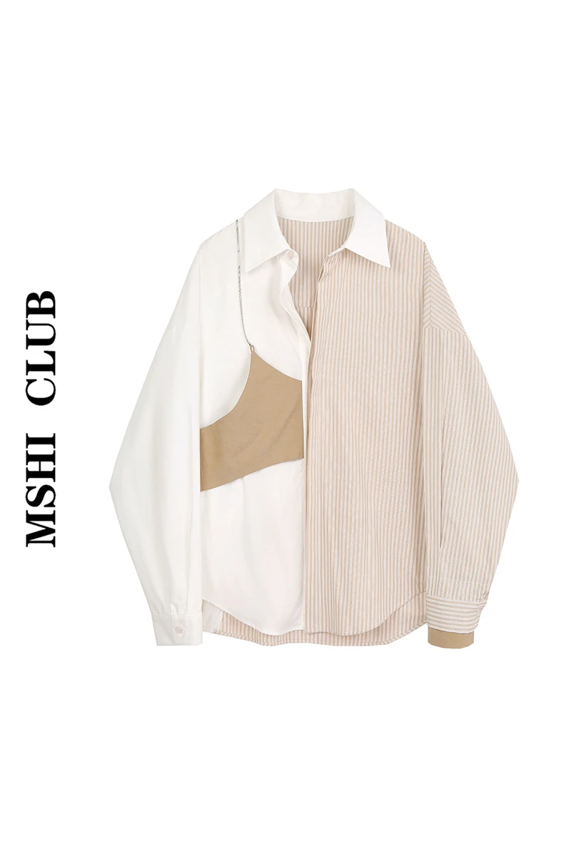 

Striped Shirt Women New Design Retro Turn Down Collar Color Matching Fake Two-Piece Loose Blouse Autumn