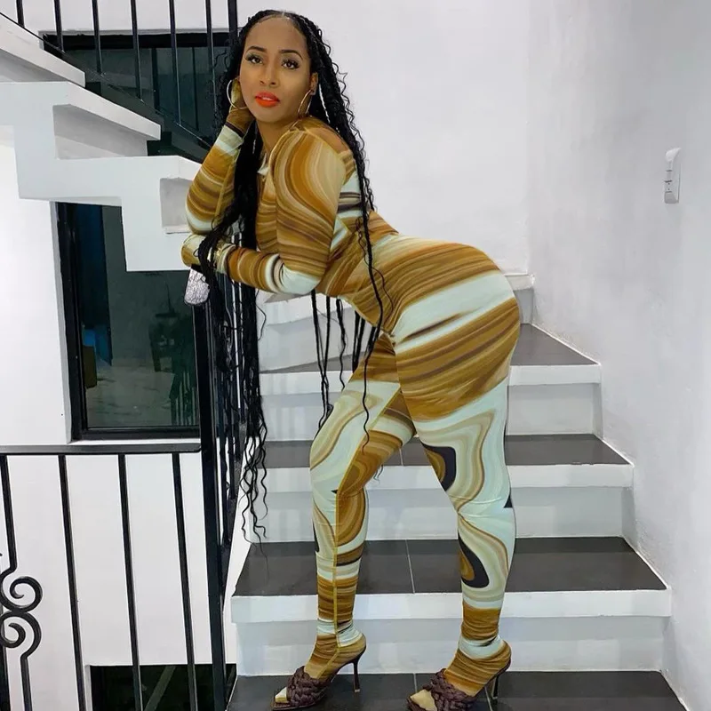 

2021 Fall Winter Tie Dye Print Women Y2K 2 Pieces Long Sleeve Skinny Top Full Legging Set Streetwear Casual Tracksuit