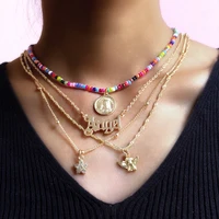 handmade colorful beaded multilayer necklaces women rhinestone flower pendant gold angel letter round coin charm necklace boho