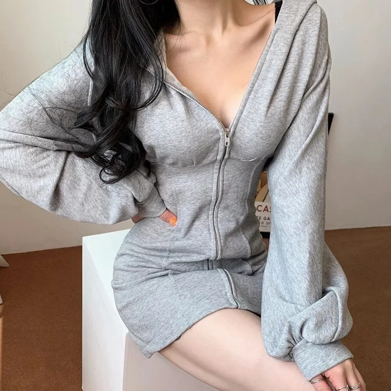 

ins super hot European and American women's wear waist show thin long-sleeved loose bag hip zipper dress 2020