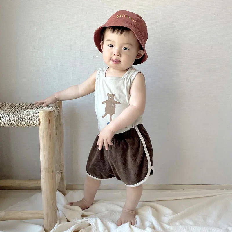 

2021 Summer New Baby T-shirt Bear Toddler Vest Sleeveless Infant Tees Solid Boys Tops Casual Clothes
