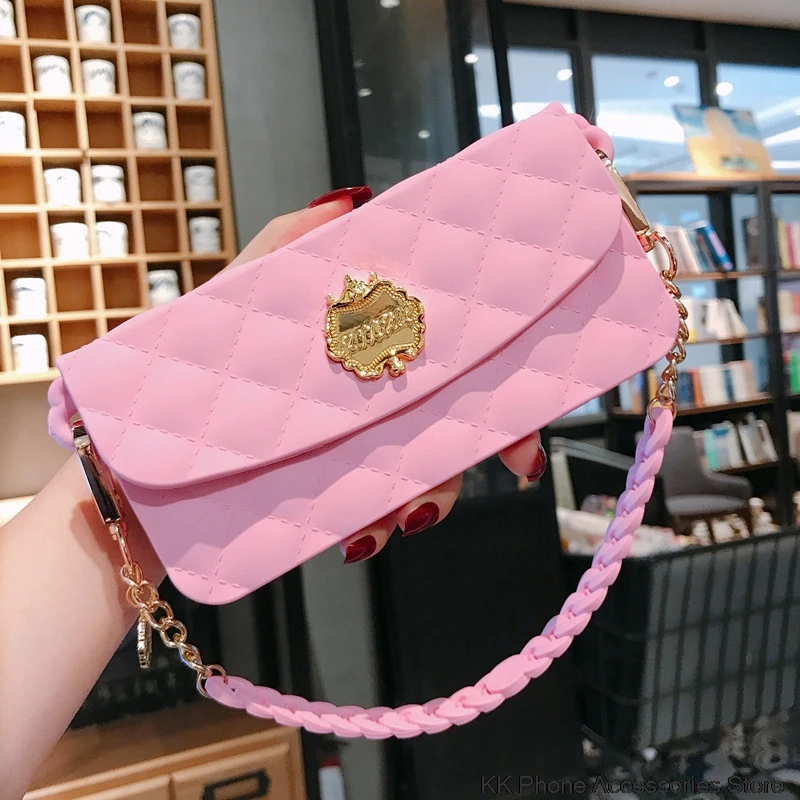 Pink Short Chain Мягкий силиконовый кошелек через плечо для samsung Note 10 S10 Plus A70 A50 чехол для телефона для iPhone 6S 7 8 Plus XR XS 11 Pro Max - Цвет: Pink Short Chain