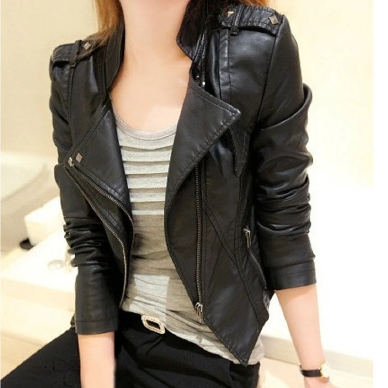 

2021 Autumn Winter New Korean Locomotive PU Leather Biker Jacket Rivet Clothes Women's Gothic Black Long Coat Women Ladies Coats
