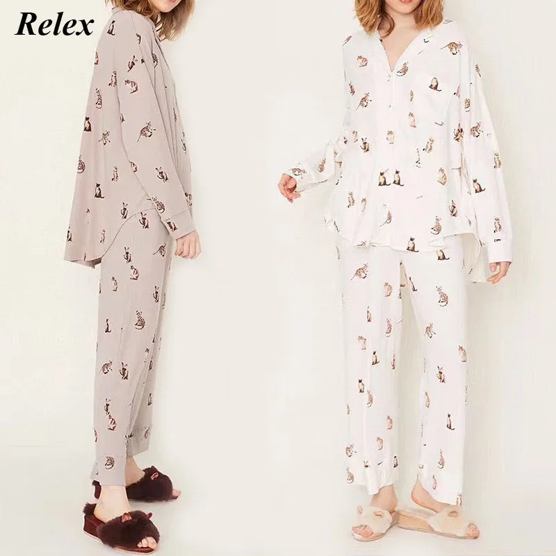 

2022 Spring New Modal Cute Cat Print Ladies Pajamas Set Soft Loose Comfortable Casual Homewear Suit Women Sleepwear Clothes