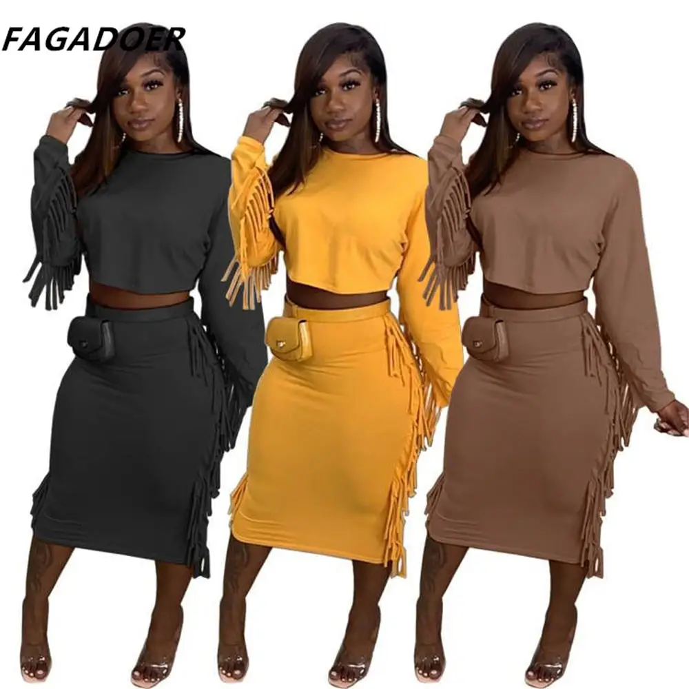 

FAGADOER Tassel Two Piece Sexy Bodycon Skirt Sets Women Crop Top+Skinny Midi Skirt Outfits OL Clothing Autumn Matching No Bag