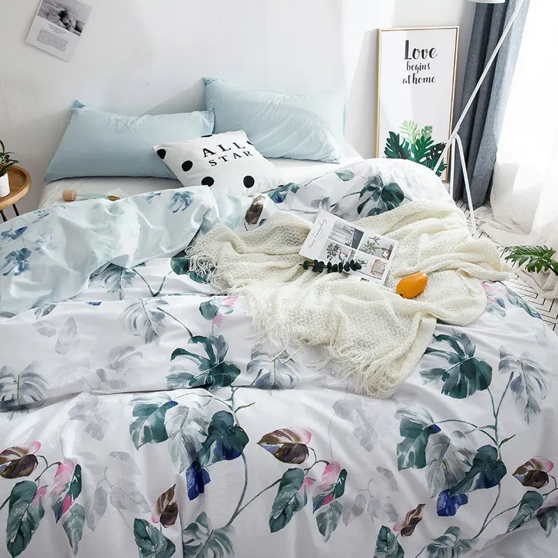 Tropical Rainforest Banana Leaf Design Washed Cotton Bedding Set Nordic Simple Duvet Cover Pillowcase Home Bedroom Living | Дом и сад