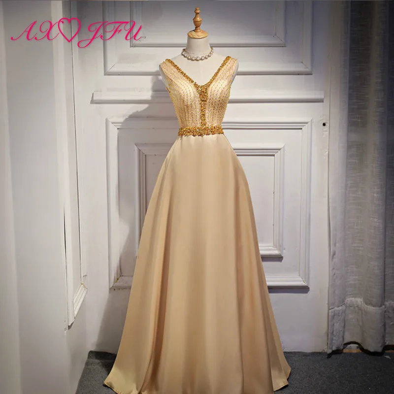 

AXJFU luxury princess wine red sparkly bride evening dress vintage v neck sleeveless beading crystal golden lace evening dress