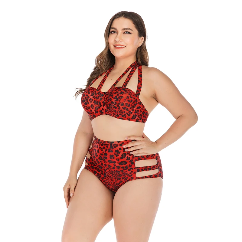 Женский купальник с леопардовым принтом бикини высокой талией и вырезами