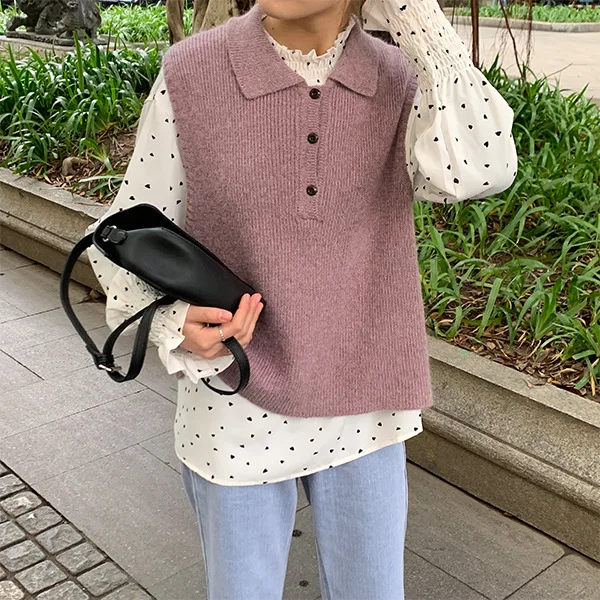Sleeveless Pullover Vest Women Turn-down Collar Button Up Knitted Sweater Waistcoat Female 2019 Korean Autumn Clothes | Женская одежда