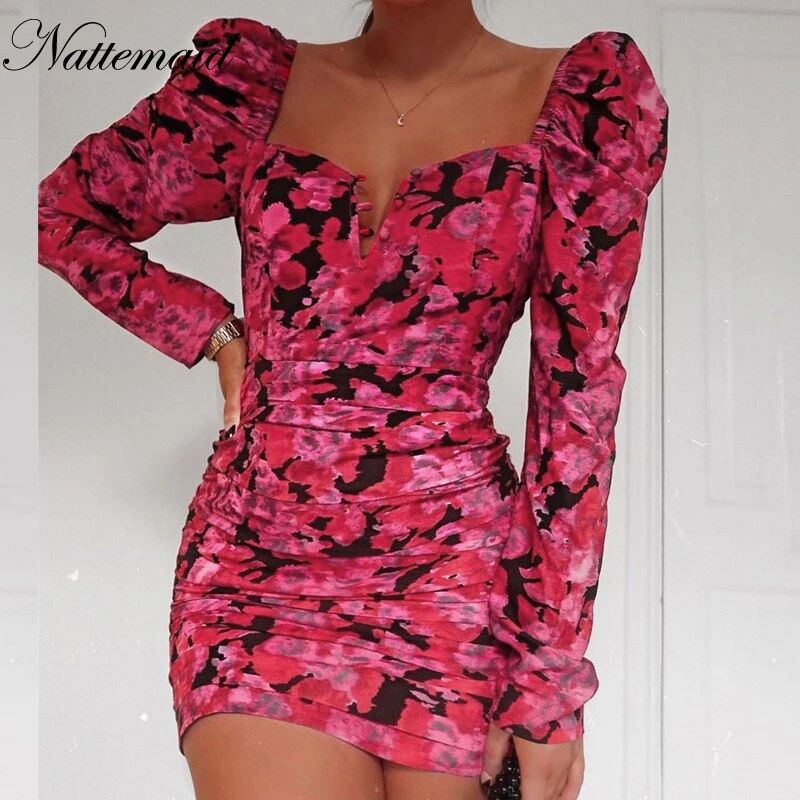 Летнее платье Nattemaid с цветочным принтом женское мини на шнуровке высокой талией и