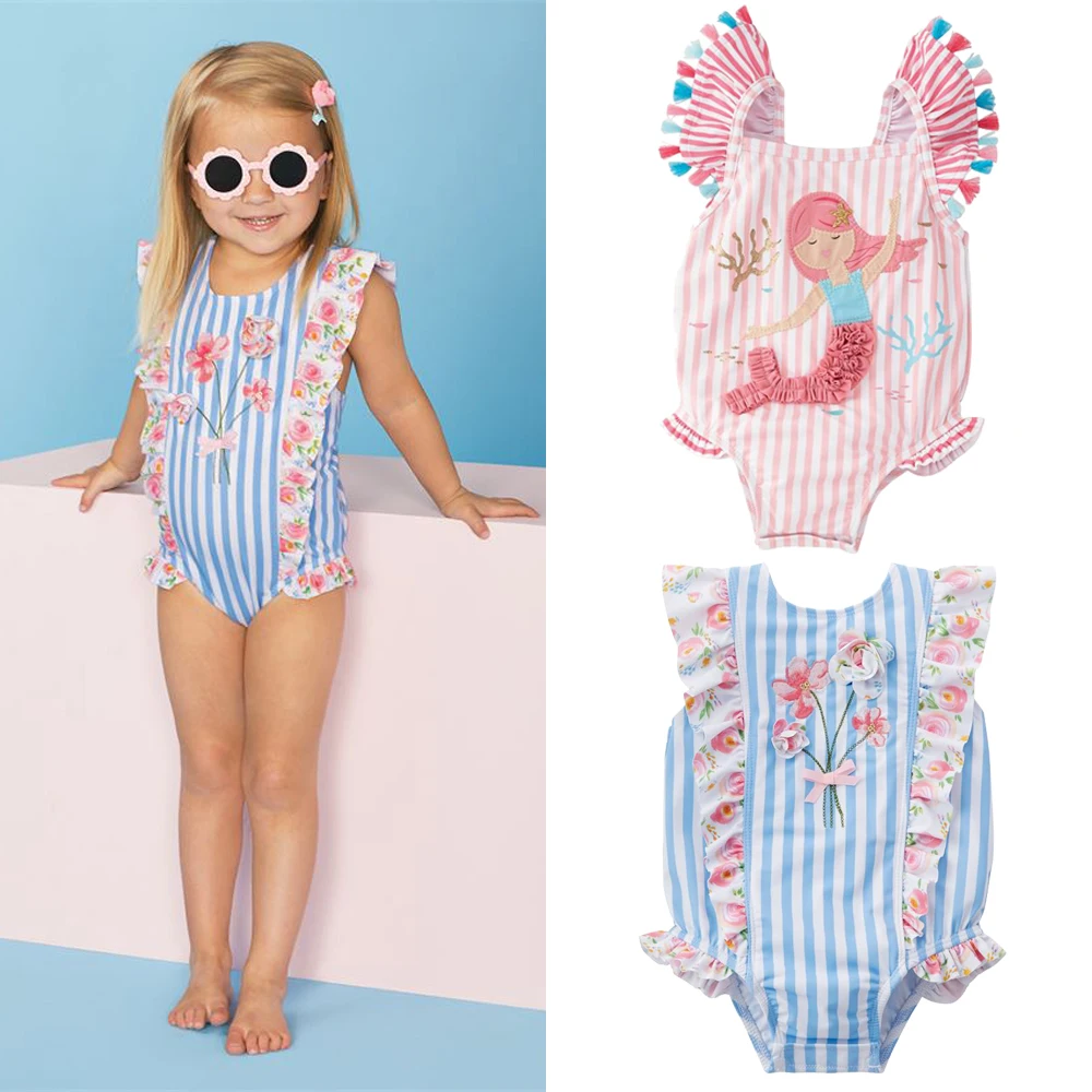 

0-7Y Kids Baby Girl Swimwear Striped Ruffles Strap One-Piece Swimsuit Cute Child Girl O-Neck Sleeveless Bathing Suit Beachwear