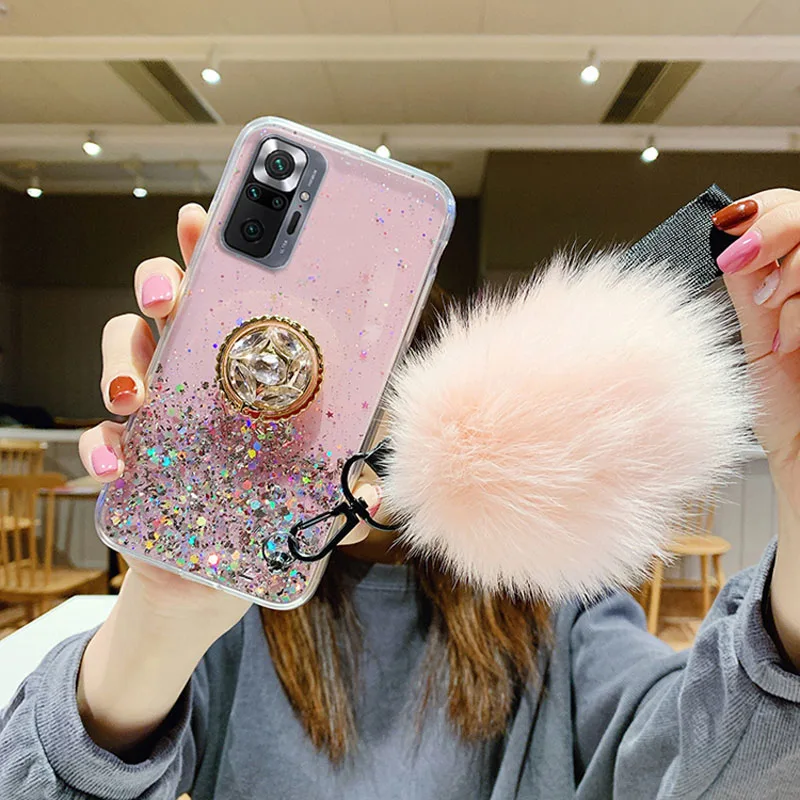 

For Xiaomi Redmi K40 Pro Case Poco F3 Bling Glitter Holder Hairball Cover Xiaomi Poco F3 PocoF3 F 3 Redmik40 K40Pro Cases Bumper