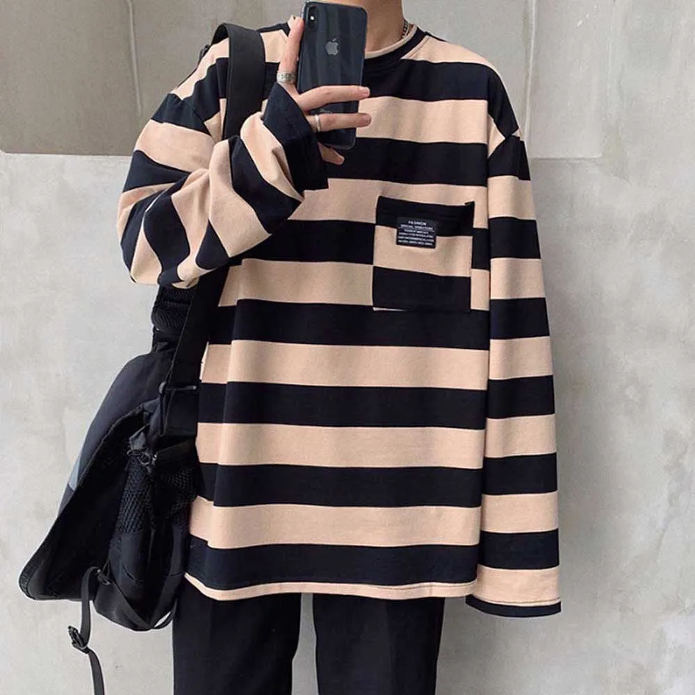

Women's Striped T-shirts Korean Style Autumn Long Sleeve O-Neck Feamale Loose With Pocket Oversize Ladies Streetwear Tee Tops