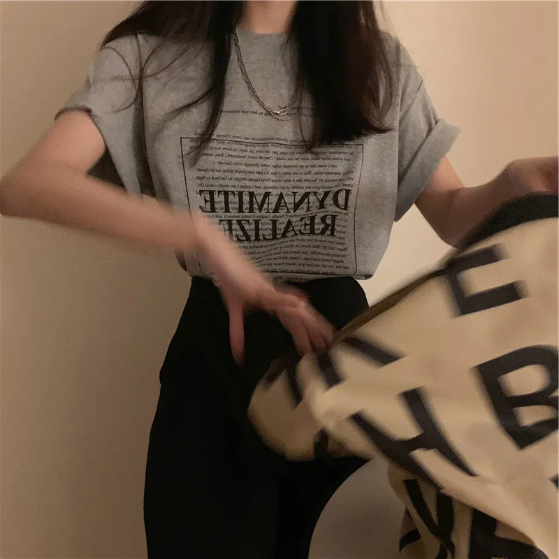 

Футболка женская с коротким рукавом, модная Базовая рубашка с принтом букв, свободного покроя, серая, в стиле Instagram, лето 2021