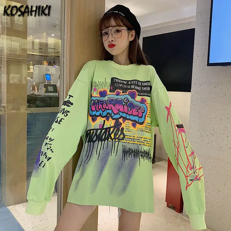 

KOSAHIKI Femme Sweatshirt Women Harajuku Loose Tie Dye Hoodies Streetwear Gothic Women Clothing Top Graffiti Punk Print Tops