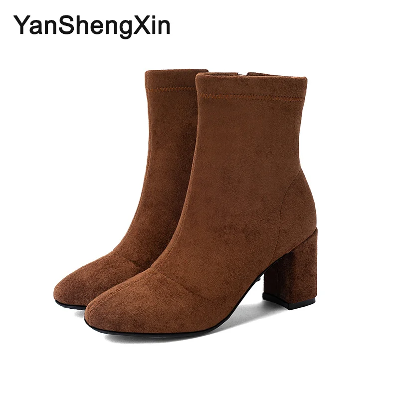 YANSHENGXIN/обувь женские ботинки однотонные замшевые сапоги до середины икры на молнии Женская обувь на высоком каблуке осенне-зимние сапоги женские ботинки