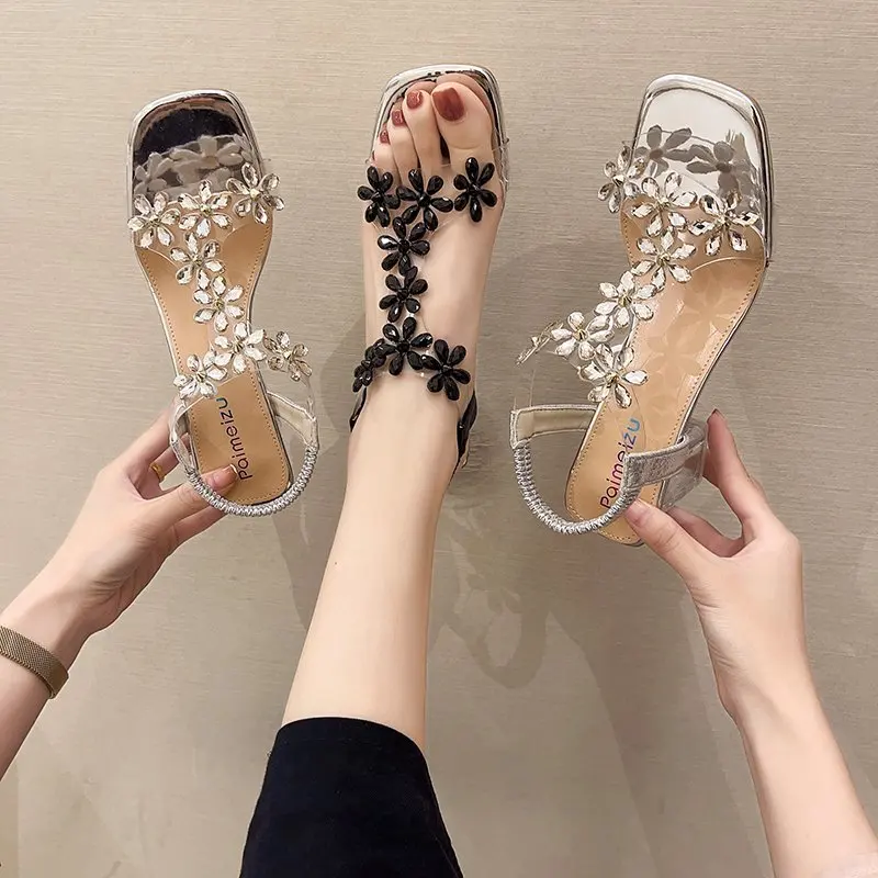 

Comfort Shoes for Women Female Sandal Square Toe High Heels 2021 Summer Girls New High-heeled Beige Fashion Rhinestone Open