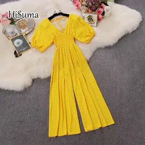 Летний новый женский шифоновый комбинезон HISUMA в горошек с глубоким V-образным вырезом и пышными рукавами, женские комбинезоны с V-образным вырезом и широкими штанинами, Женское боди