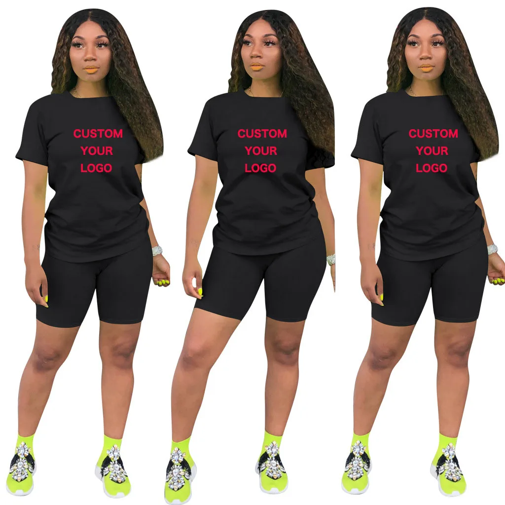 

Custom Your Logo T Shirts And Shorts Two Piec Set Summer women Short Sleeve O-neck Casual 2 Piece Joggers Biker Shorts Outfit