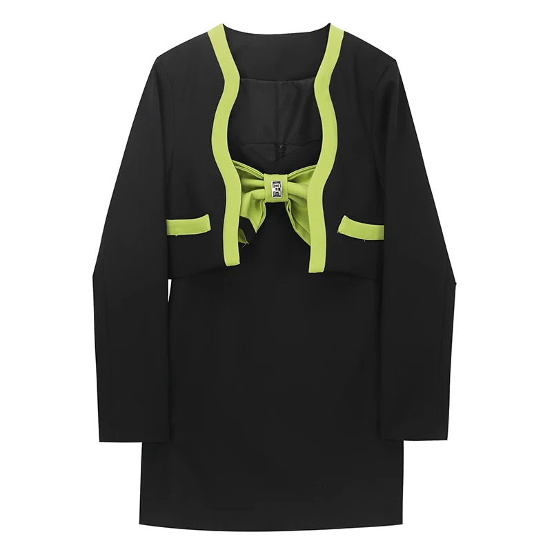 

Женское короткое платье с бантом, черное или зеленое платье в офисном стиле, весна 2019