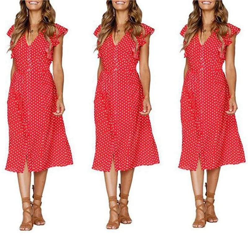 Boho волновой точки рубашка без рукавов платье летнее шифон пляжные платья женские