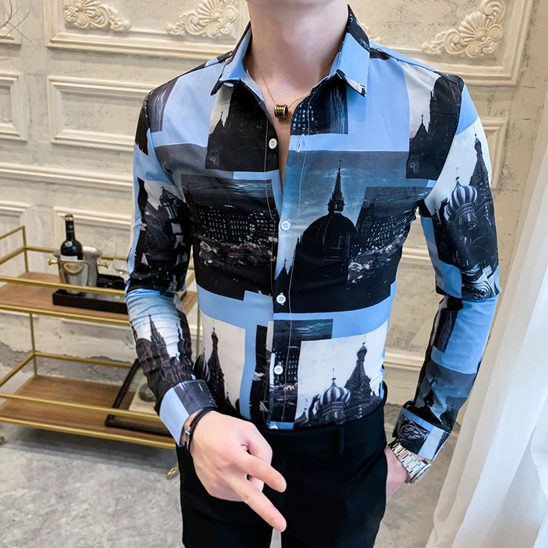 

High Quality Spring New Camisa Masculina Korean Slim Fit Long Sleeve Men Casual Shirt All Match Streetwear Digital Print Blouses