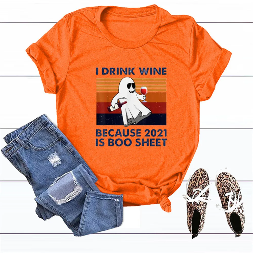 

Женская футболка на Хэллоуин с принтом «я пью вино потому что 2021 IS BOO простыни», забавная летняя футболка с рисунком призрака, Одежда большог...