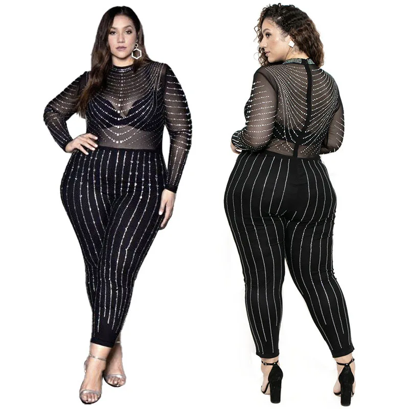 

Plus Size S-5XL Women Sexy Stretch Mesh Jumpsuits Charming O-Neck High Waist Sparkling Rhinestone See-through Clubwear Rompers