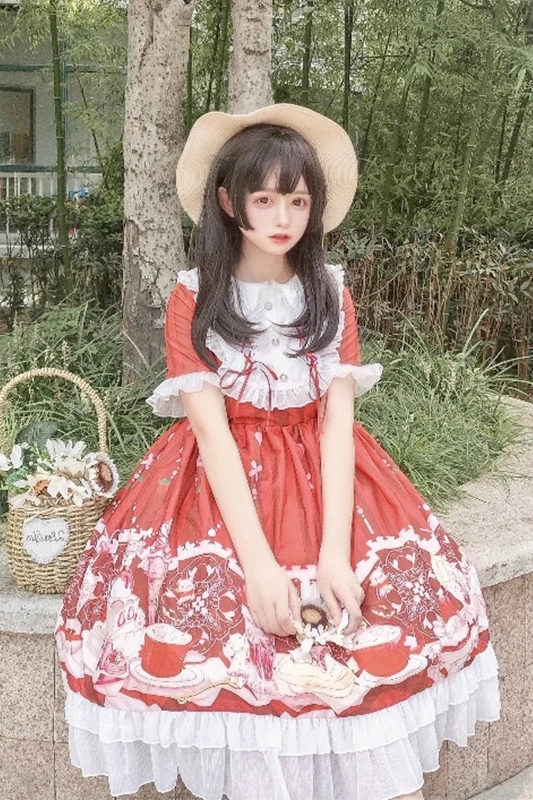 

Harajuku New Summer JSK Sweet Cartoon Print Lolita Dress Pink Red Cute Doll Collar Soft Sister Short Sleeve Tea Party Op Dresses