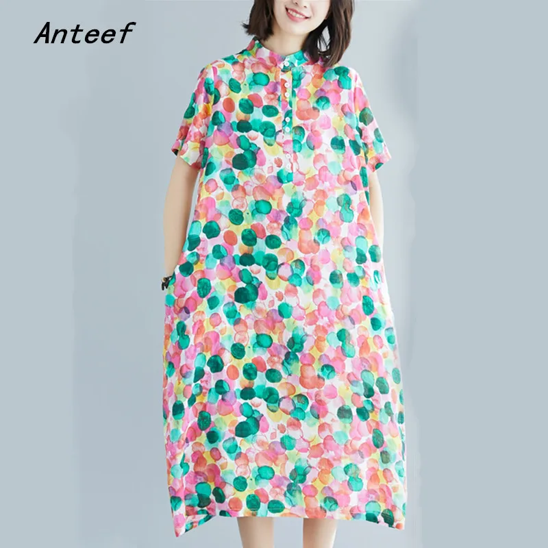 Женское винтажное платье в горошек с коротким рукавом из хлопка и льна