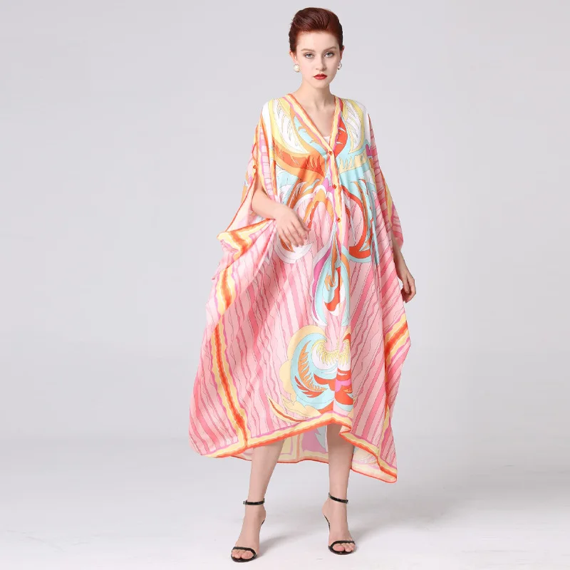 

pink wave floral chiffon leasure thin v neck maxi dress women robe 20 summer long casual beach sexy loose dresses plus size