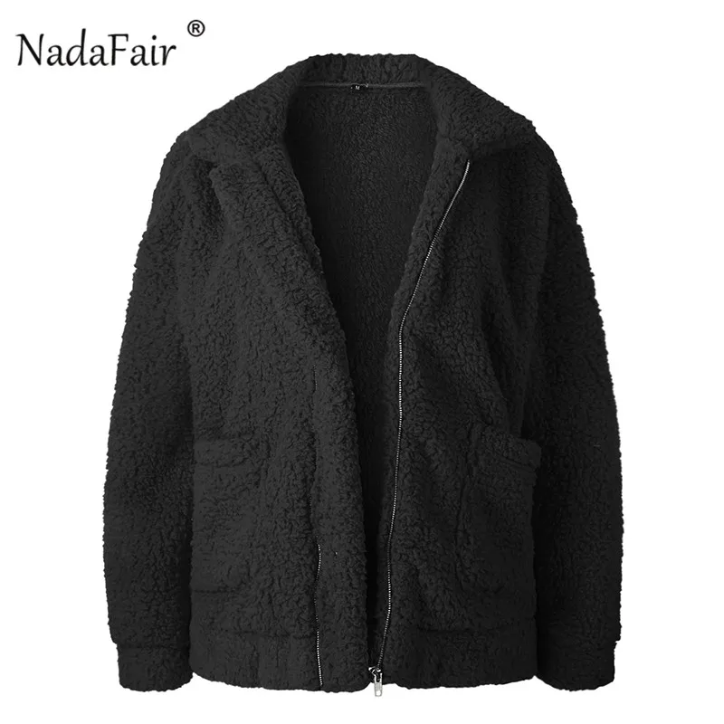 Nadafair плюшевое пальто Женская пушистая куртка Осенняя плюшевая Толстая Повседневная куртка на молнии размера плюс зимнее пальто из искусственного меха ягненка Женское пальто - Цвет: Черный