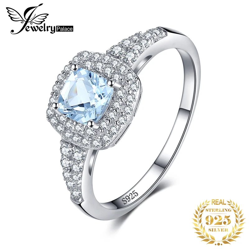 Jewelrypalace Подушки с 0.9ct Натуральный аквамарин Halo Обручение кольцо стерлингового