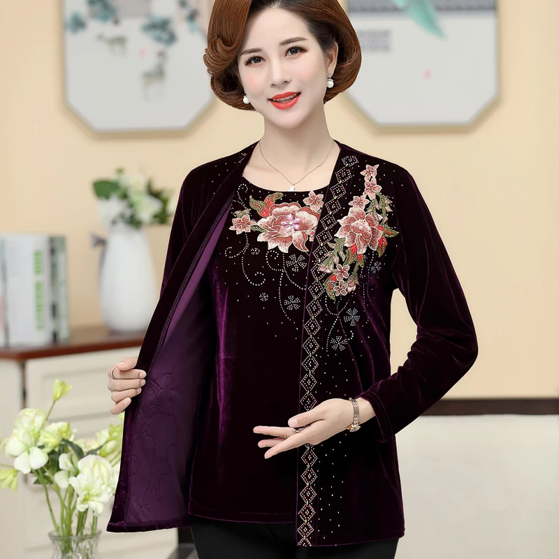 Бархатный топ с вышивкой золотистого цвета пальто для матери среднего возраста