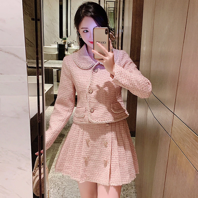 

Tweed Two Piece Set Women Elegant Beading Long Sleeve Coat + High Waist Double Breasted Pleated A-Line Skirt 2 Piece Suits
