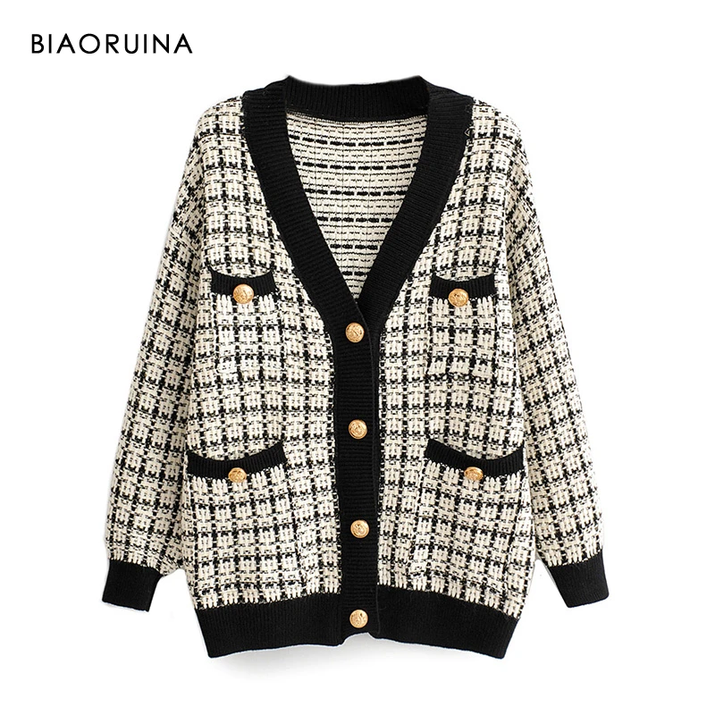 BIAORUINA Women's Fashion V-neck Chic Single Breasted Knit Cardigans Female Thick Keep Warm Swallow Gird Plaid Sweater Outerwear |