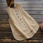 2020 летняя хлопковая льняная блузка ZANZEA, винтажная женская блузка без рукавов с цветочным принтом для вечеринки