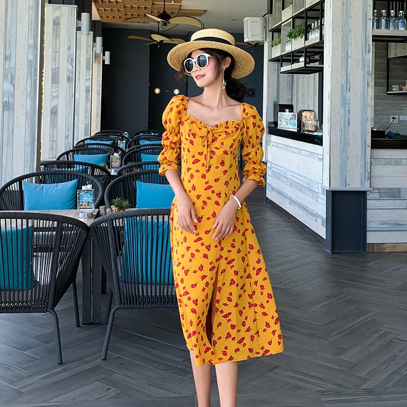 Женский желтый длинный сарафан с тропическим принтом элегантное винтажное